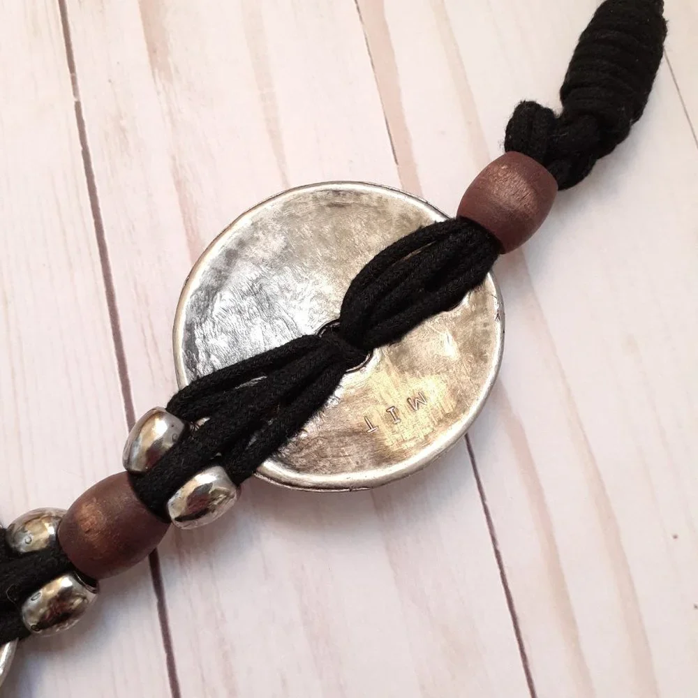 Vintage 80s Medallion & Bead Elastic Cord Belt Black Silvertone